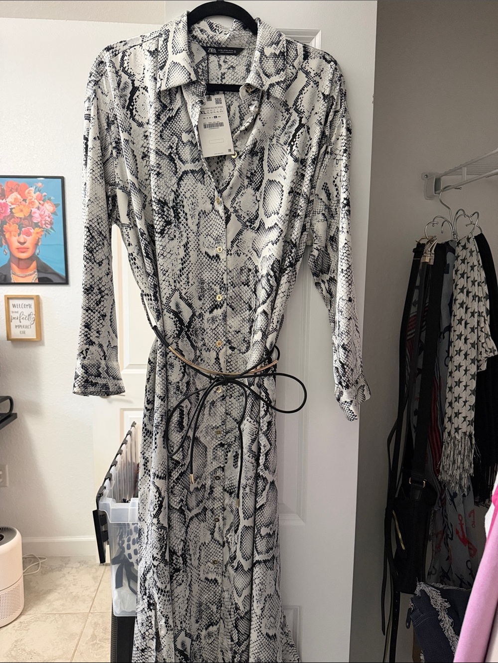 Zara Black and White Snake-Print Long Sleeve Shirt Dress